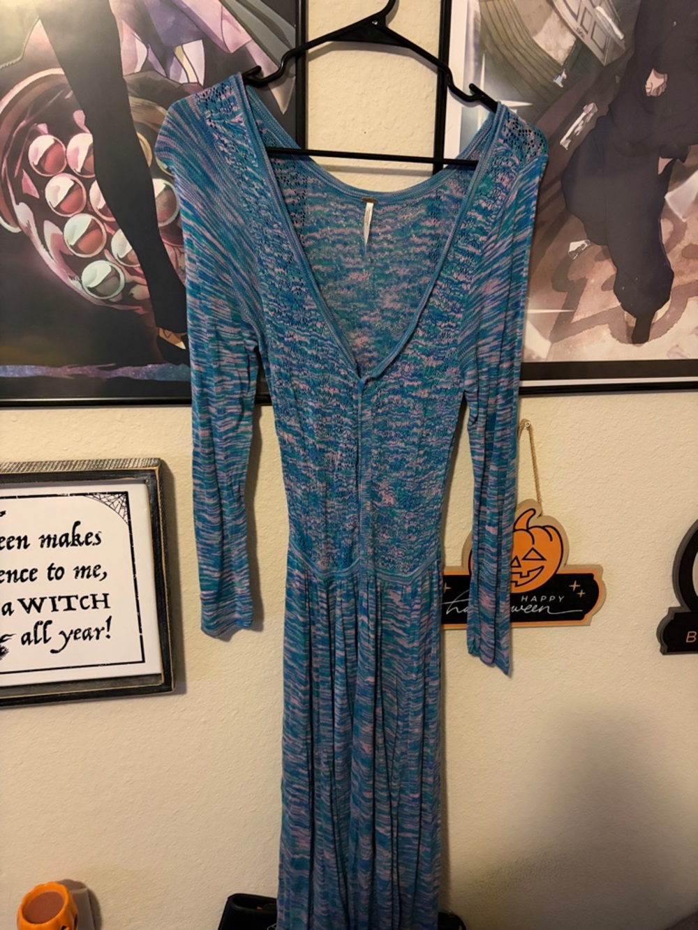 Sold ❌Free People Teal and Lavender Open-Knit Sweater Dress